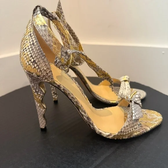 Alexandre Birman Clarita Bow Elegant Snakeskin High Heel Sandals Gold & Silver - Picture 5 of 9